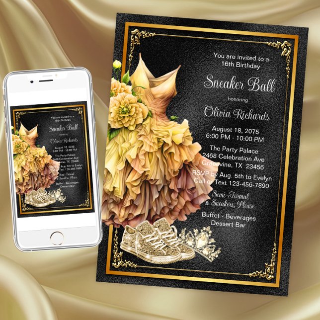Convites Baile de Tênis Ouro Preto (Black gold sneaker ball invitation. Instant download and printed invitations available.)