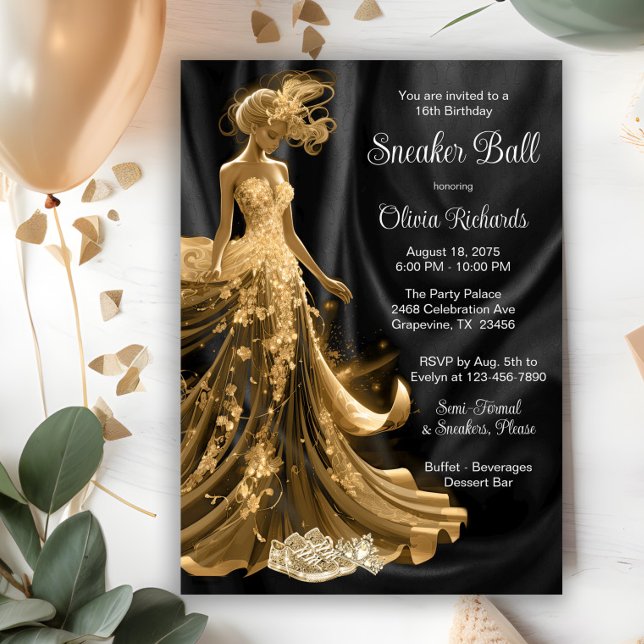Convites Baile Elegante de Tênis Ouro Preto (Elegant black gold sneaker ball invitation. All text, font and wording can be changed.)