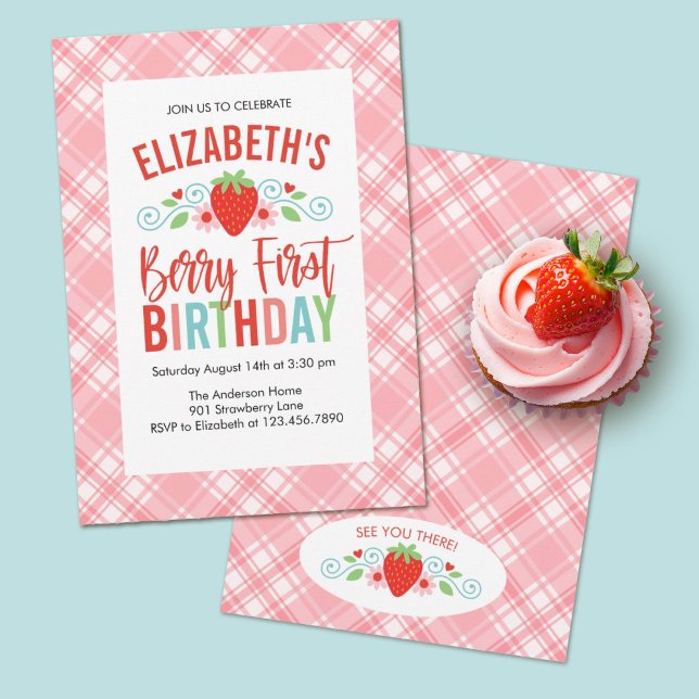 Convites Bairro Vermelho Simples e Bonito (Berry first birthday party invitations make a sweet theme for a girls first birthday party.)