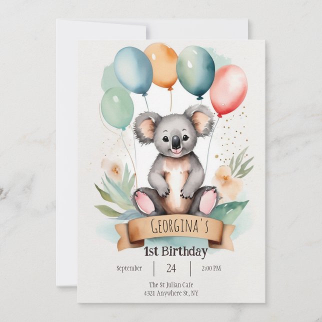 Convites Bairthday da Moça Bonita Koala (Frente)