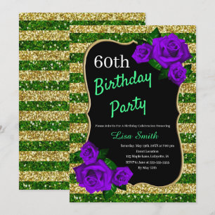 Convites Bairthday Green Dourado Strips Glitter Rosas Roxos