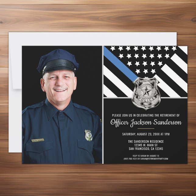 Convites Baixa de Fotografia com Sinalizador Azul Fino da P (The perfect customizable photo retirement party invitation for a retiring police officer.)