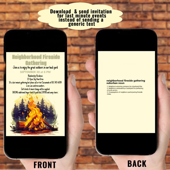 Convites Baixamento digital do Fireside da vizinhança para  (When you need to send the invitation quickly, download it. Print it to mail when you have the time.)