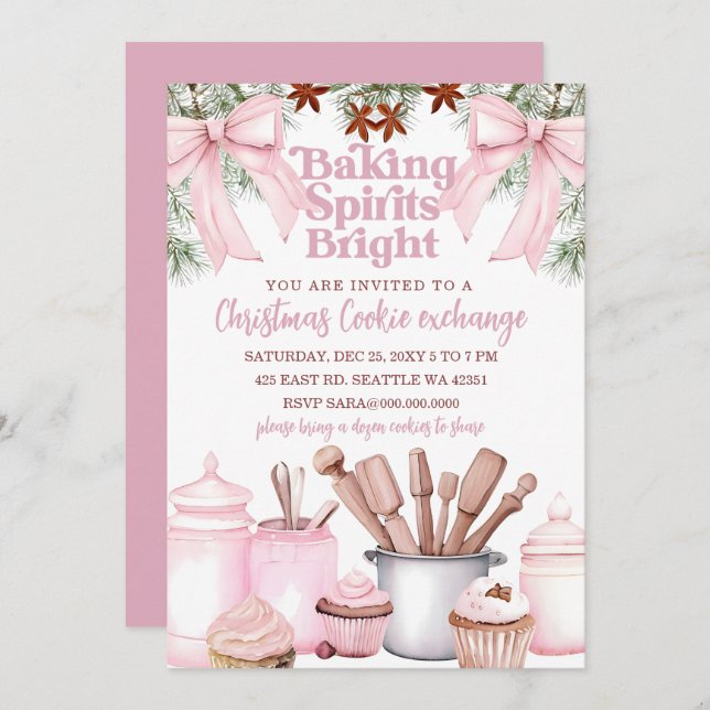 Convites Baking Spirits Bright Pink Cookie Exchange  (Frente/Verso)