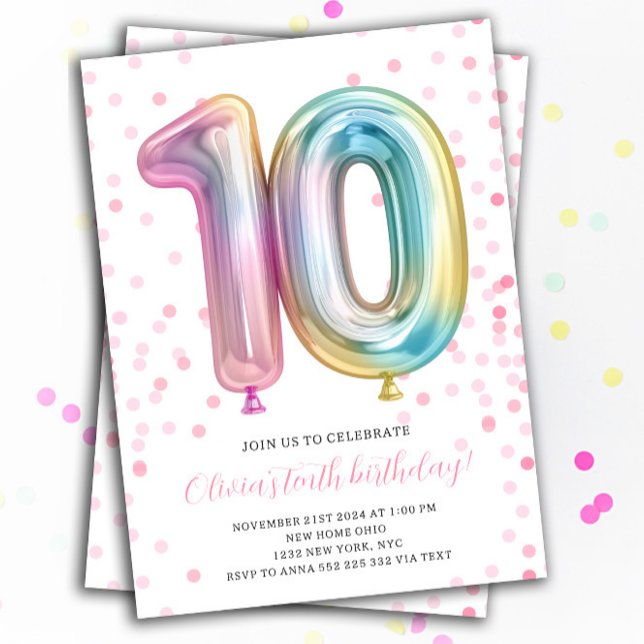 Convites Balão 10º aniversário Festa número Rainbow (10th birthday rainbow invitation for girl )