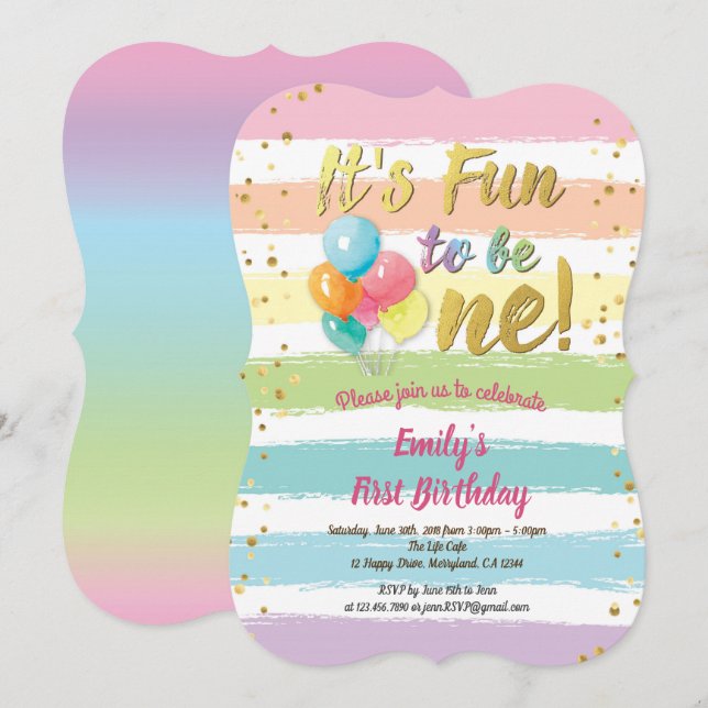 Convites Balão-arco-íris primeira festa do primeiro anivers (Frente/Verso)