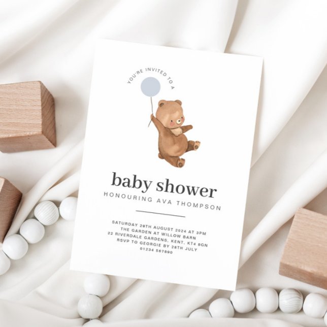 Convites Balão Azul Chá de fraldas Urso de Teddy (Criador carregado)