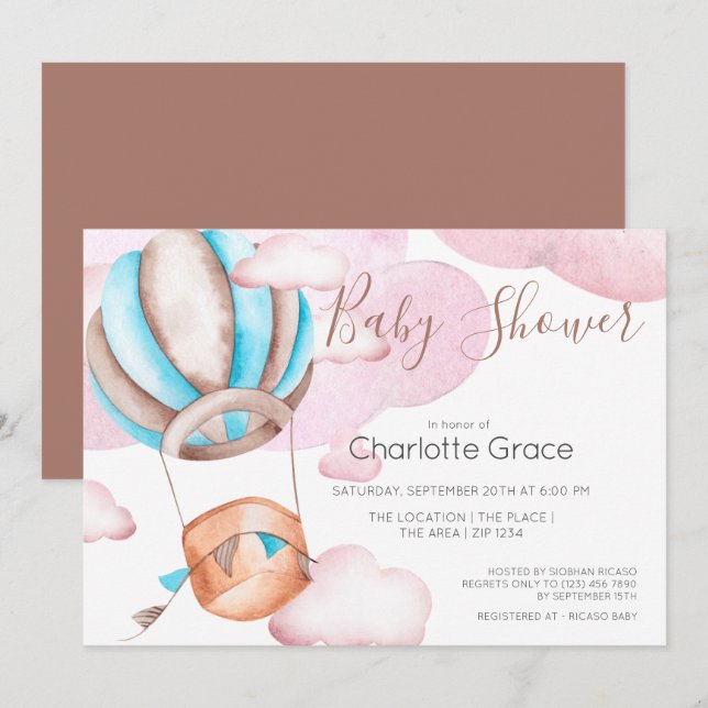 Convites Balão Azul De Ar Quente No Chá de fraldas De Nuven (Frente/Verso)