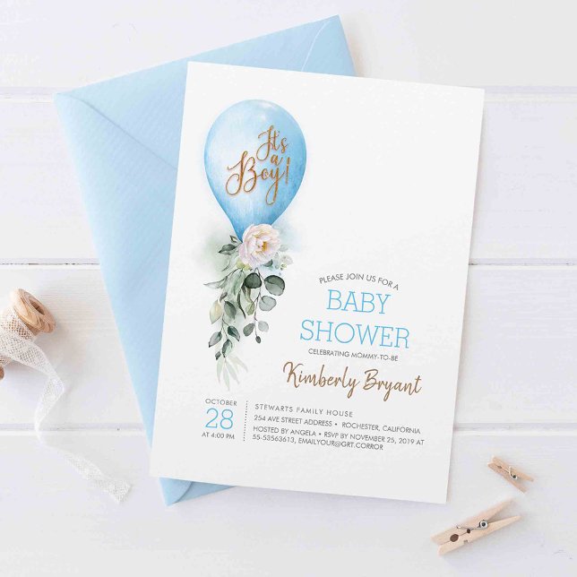 Convites Balão Azul É um Chá de fraldas (It's a Boy! - Blue Balloon Baby Shower Invitations)