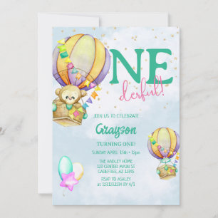 Convites Balão Azul Onederful de Ar Quente de 1º Aniversári