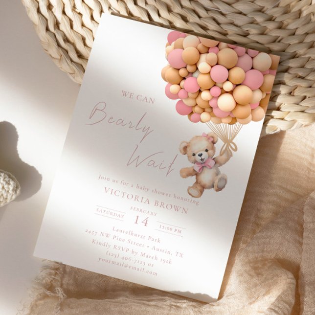 Convites Balão cor-de-rosa Chá de fraldas Urso de Teddy (Criador carregado)