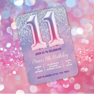 Convites Balão de Aniversário de 11 Rosa e Roxo