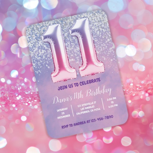 Convites Balão de Aniversário de 11 Rosa e Roxo (Criador carregado)