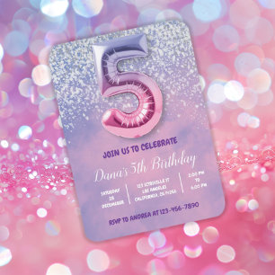 Convites Balão de Aniversário de 5 Rosa e Roxo