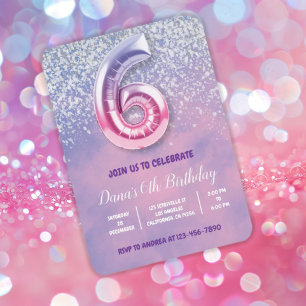 Convites Balão de Aniversário de 6 Rosa e Roxo