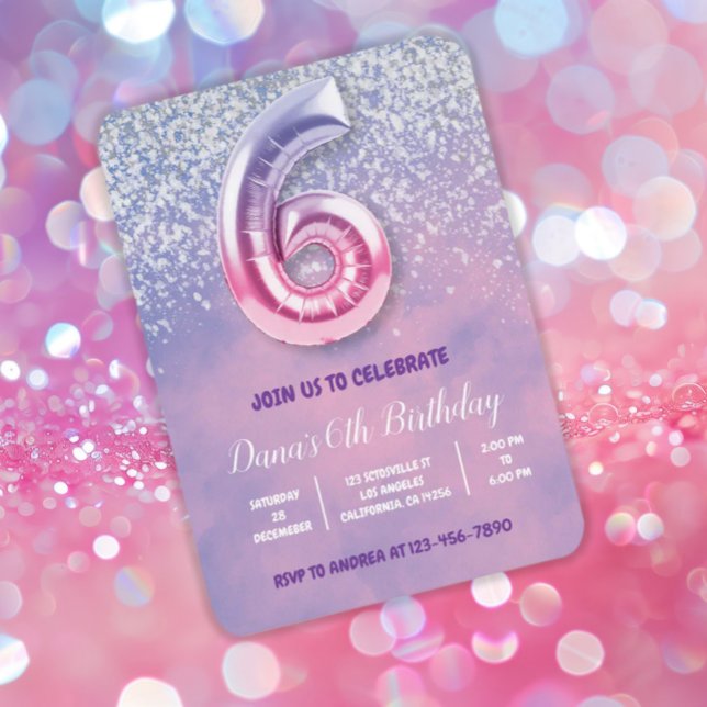 Convites Balão de Aniversário de 6 Rosa e Roxo (Criador carregado)