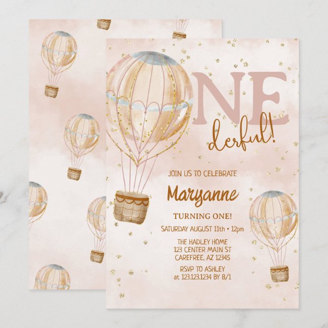 Convites Balão de Ar Boho Aniversário de 1 ano (Frente/Verso)