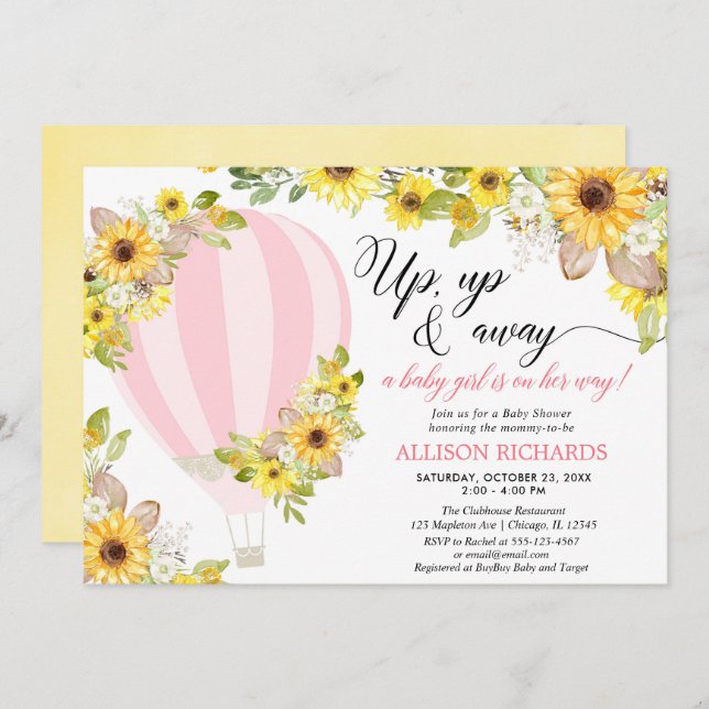 Convites Balão de ar quente amarelo rosa girassol (Frente/Verso)