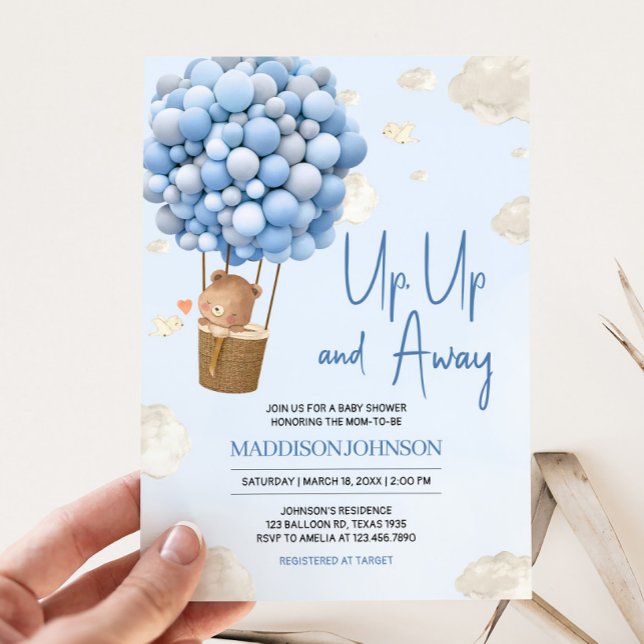 Convites Balão de ar quente azul para cima e para fora Chá  (Up and Away Hot Air Balloon Baby Shower Invitation
)