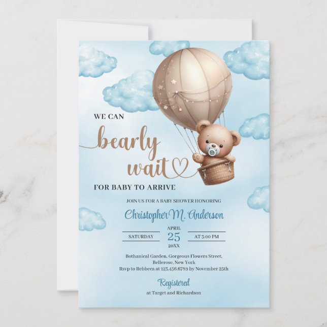 Convites Balão de ar quente de ursos castanhos, de cor aquá (Frente)