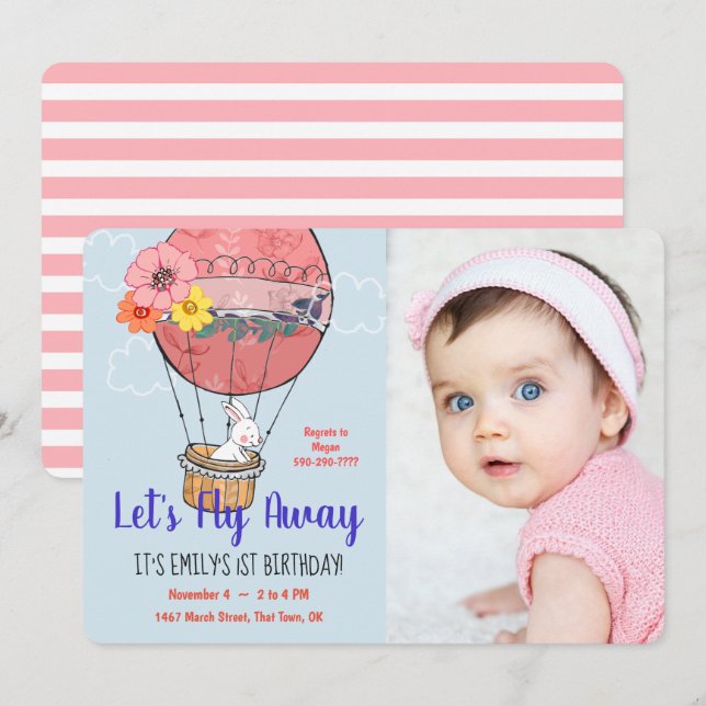 Convites Balão de Ar Quente e Bunny Primeiro Aniversário (Frente/Verso)