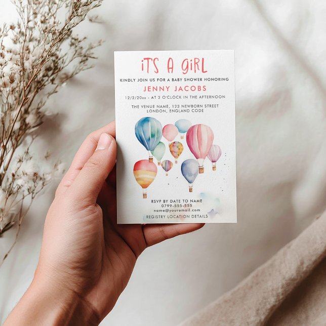 Convites Balão de ar quente é um chá de fraldas (Hot air balloons its a girl baby shower invitation card)