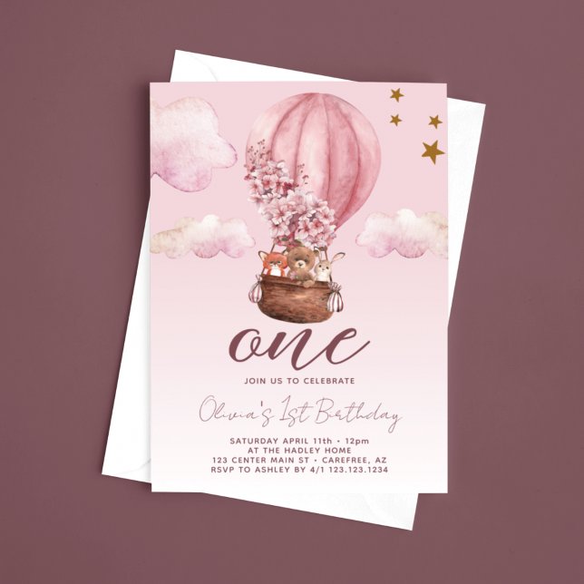 Convites Balão de Ar Quente Floral Rosa Aniversário de 1 an (Criador carregado)