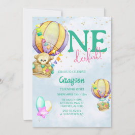 Convites Balão de Ar Quente Onederful Azul 1º Aniversário