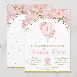 Convites Balão de Ar Quente, Rosa, Batismo Floral, Natal E