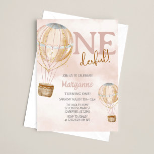 Convites Balão de Ar Quente Rosa Boho Aniversário de 1 Ano