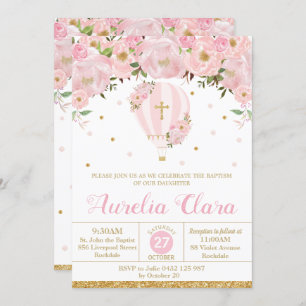 Convites Balão de Ar Quente, Rosa Florm, Batismo Floral, Ch