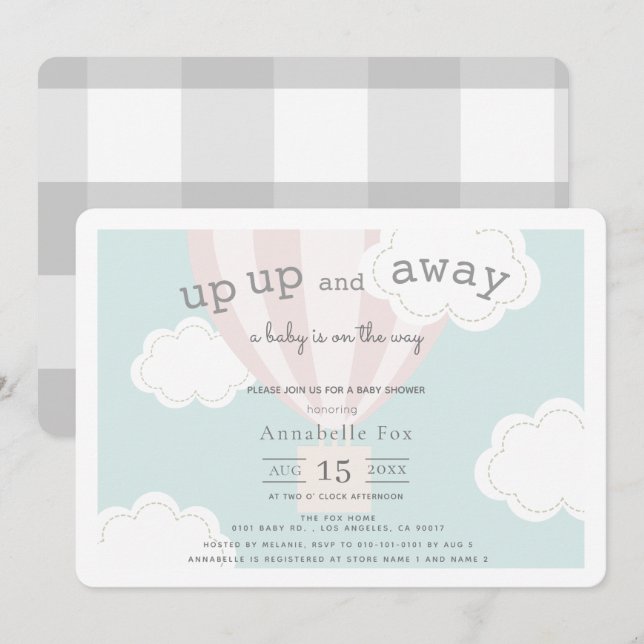 Convites Balão de ar quente rosa para cima e para fora Chá  (Frente/Verso)