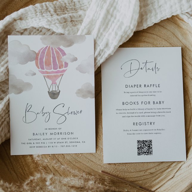 Convites Balão de Ar Quente Rosa, Tudo em Um Chá de fraldas (Criador carregado)