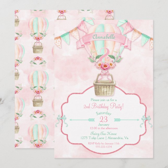 Convites Balão de Ar Quente Segundo Aniversário Rosa Mint P (Frente/Verso)