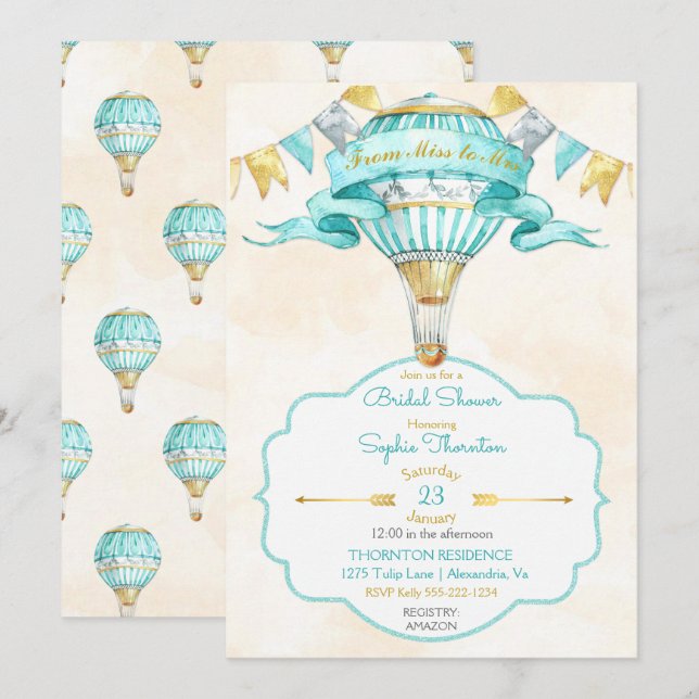 Convites Balão de Ar Turquesa Dourado Amarelo Aqua (Frente/Verso)
