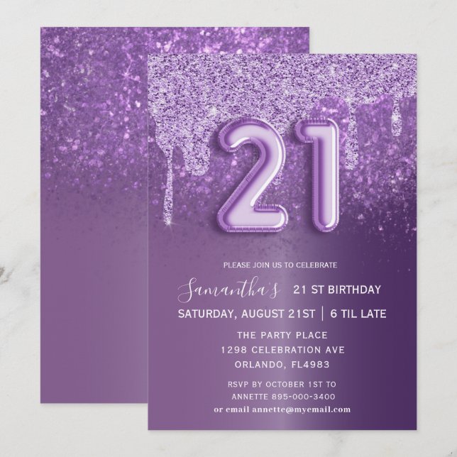 Convites Balão de Brilho Roxo de Aniversário Moderno (Frente/Verso)