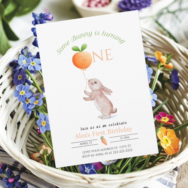 Convites Balão de Cenoura de primeiro aniversario Coelho Pe (Some Bunny Invitation with carrot balloon for 1st First birthday)