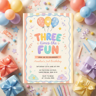 Convites Balão de Confetes Três Vezes o Fun 3º Aniversário