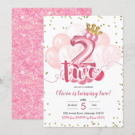 Convites Balão de Coroa Rosa e Dourada Segundo Aniversário