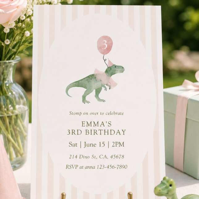 Convites Balão de Dinossauro Rex Três Rosa Aniversário de T (Criador carregado)