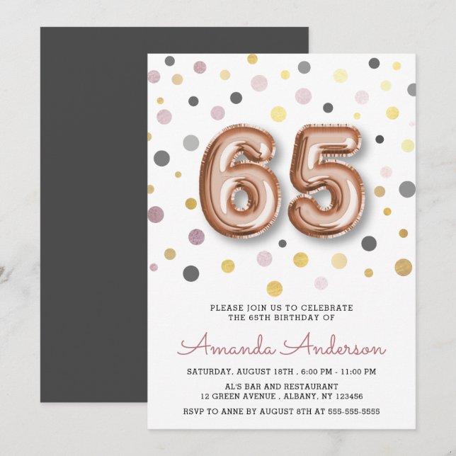 Convites Balão de Diversão Moderna 65ª Festa de aniversário (Frente/Verso)