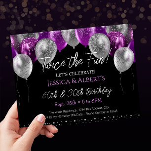 Convites Balão de Duplo Aniversário Roxo e Prata