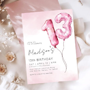 Convites Balão de Folha de Aquarela Rosa para 13º Aniversár
