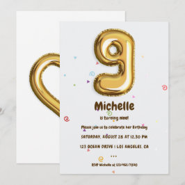 Convites Balão de folha de ouro e Confetti 9ª Festa de aniv