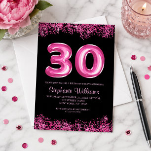 Convites Balão de Folha Rosa Glam Black para Aniversário de