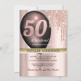 Convites Balão de Lâmpada Dourada Rosa preto 50.o aniversár