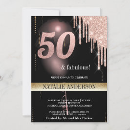 Convites Balão de Lâmpada Dourada Rosa preto 50.o aniversár