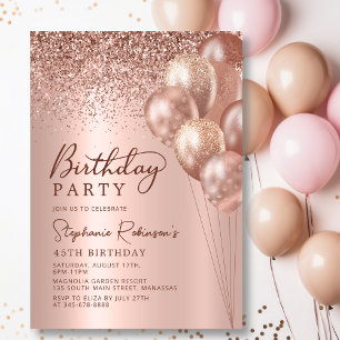 Convites Balão de Lâmpada Dourado Rosa moderno, 45.º Aniver