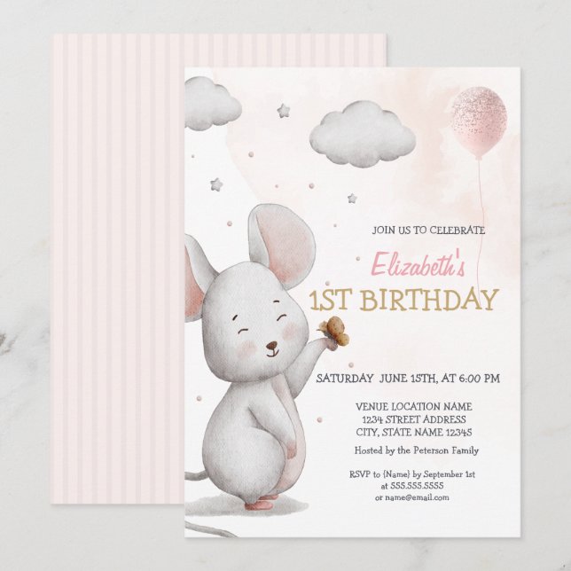 Convites Balão de Mouse Adorável - Dia de Aniversário (Frente/Verso)