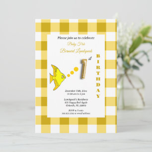 Convites Balão de Peixe em Gingham Amarelo com Folha Dourad